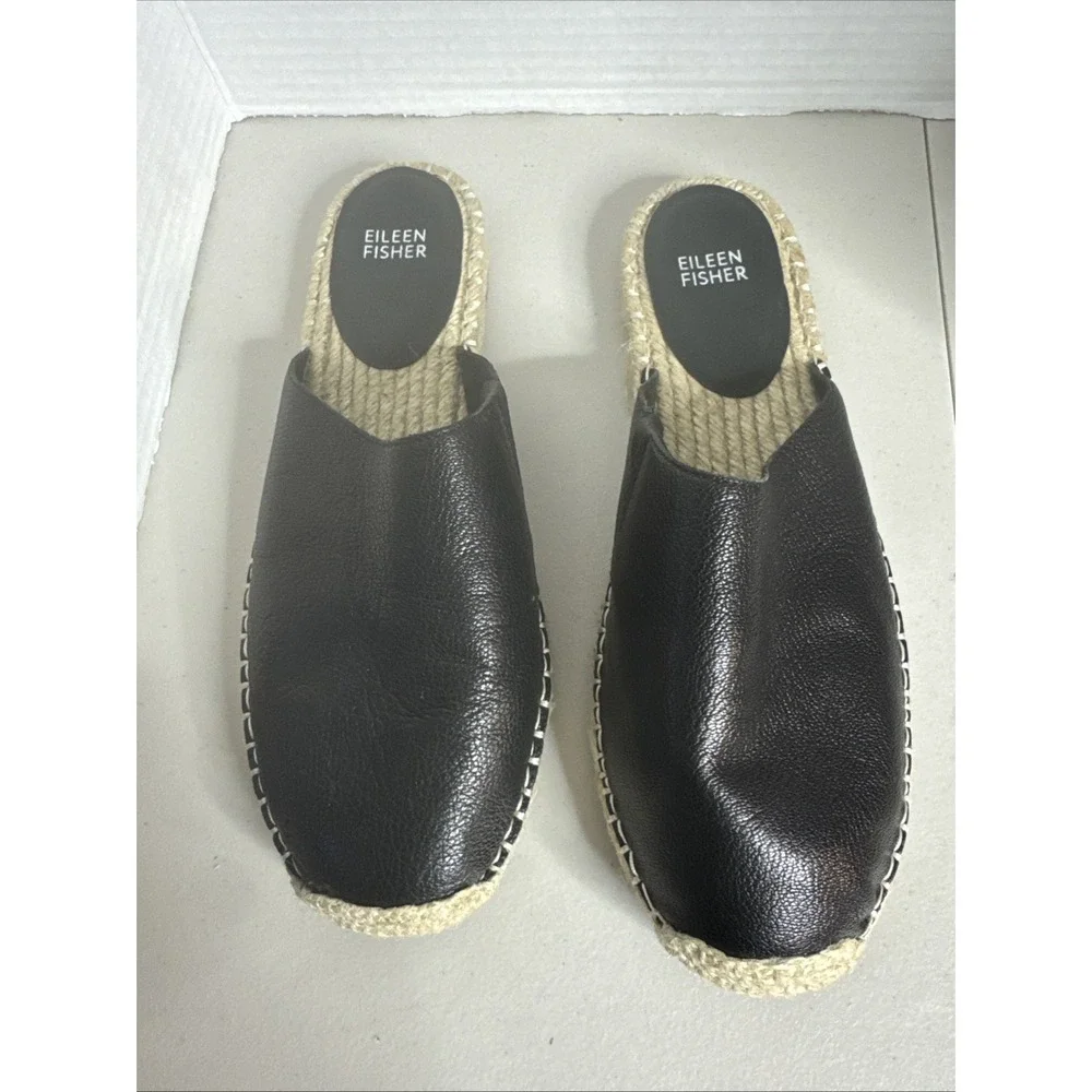 Eileen‎ Fisher Kai Tumbled Leather Black Espadrille Size 9.5 Excellent
